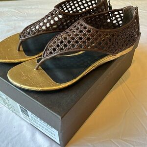 Rock & Republic Woven Leather Mini Wedge Sandals- Dark Brown/ Gold- Size 9